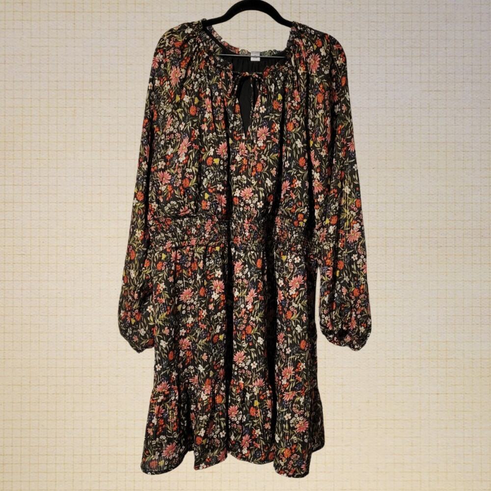 Boho 2000s Old Navy 3X Floral Midi Dress Gold Tinsel Sheer Sleeves Elastic Waist